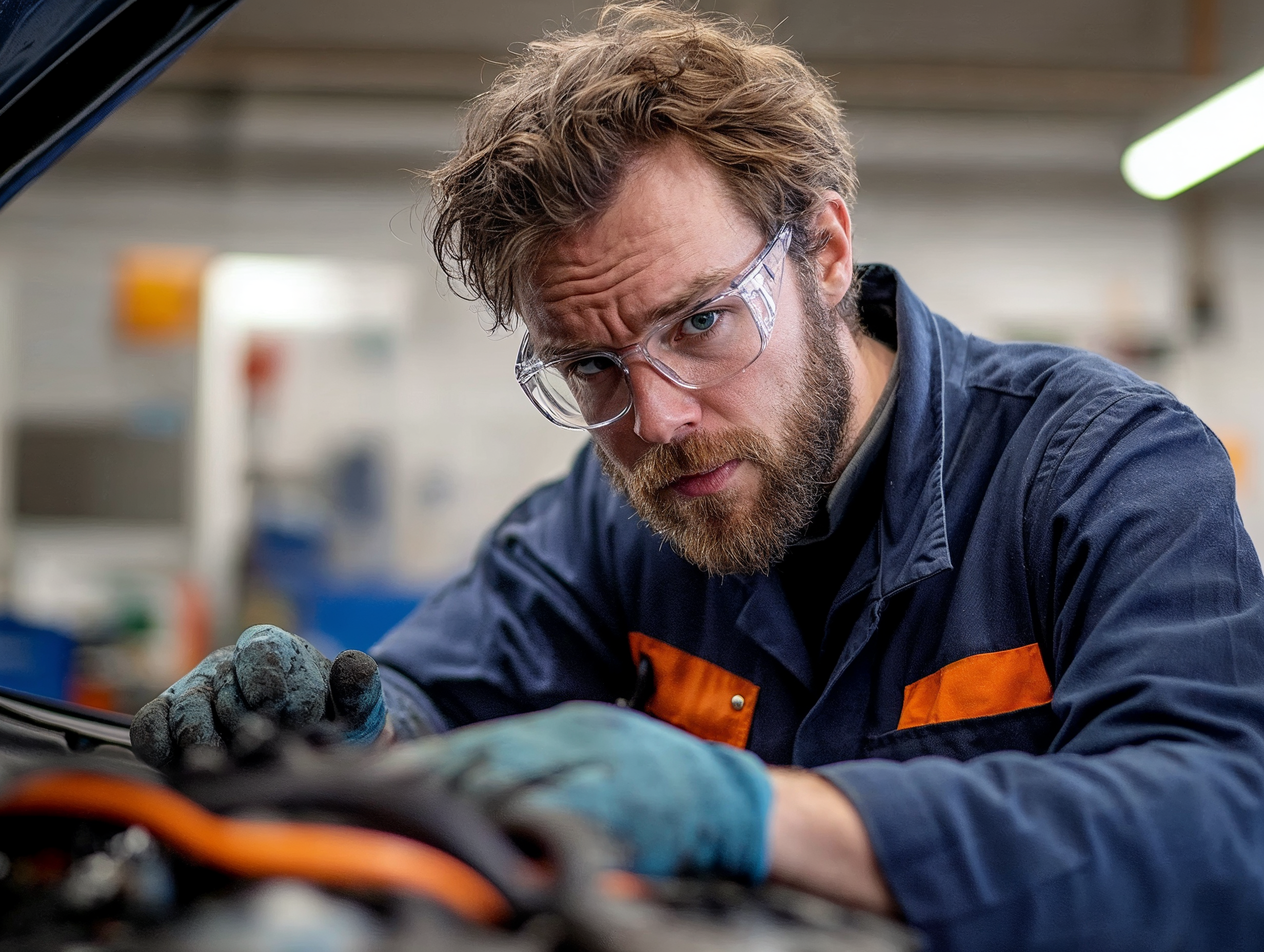 Monteur geconcentreerd werkend aan een auto