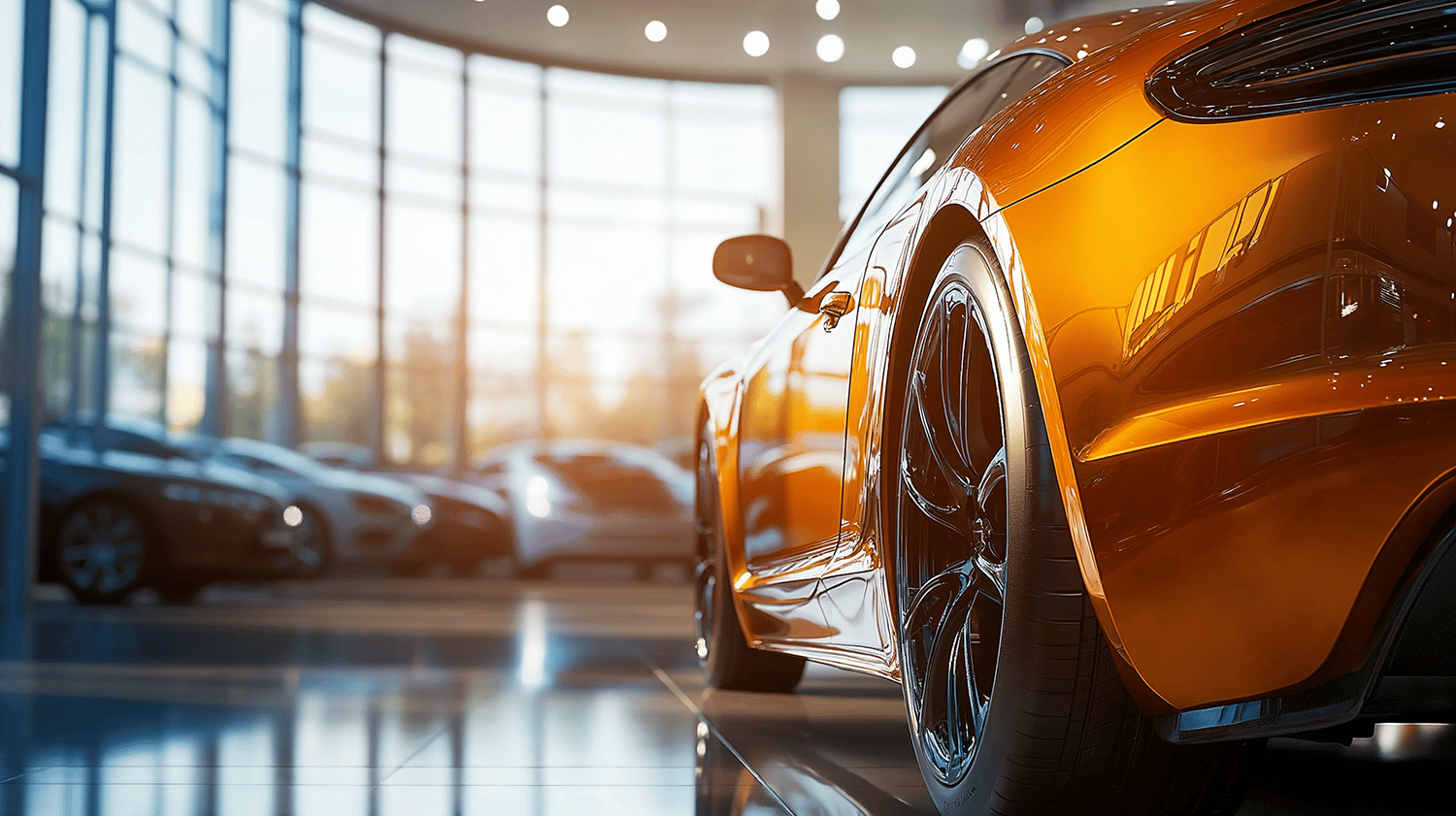 Oranje auto in showroom
